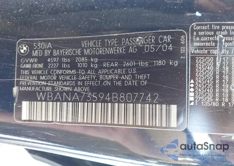 2004 BMW 530I z USA, uszkodzony, nr VIN WBANA73594B807742